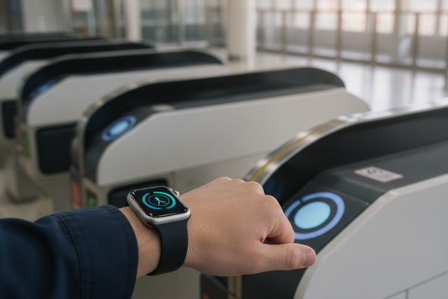 駅の自動改札にApple Watchをかざしてタッチ決済する様子